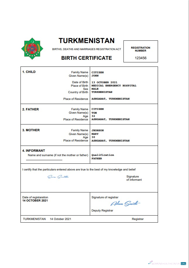 Download Turkmenistan vital record birth certificate Word and PDF template Photoshop template